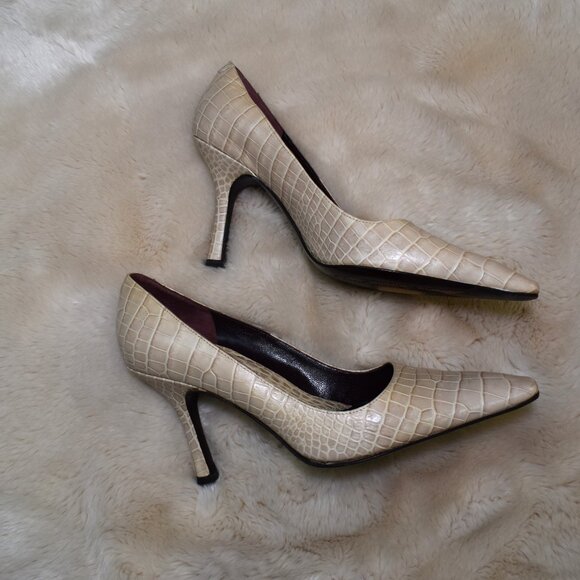 Via Spiga Beige Croc Embossed Stiletto Pumps Size 8 Square Toe Heels - Picture 9 of 15